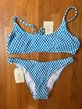 Aurelle two piece blue and white checkered bikini size medium